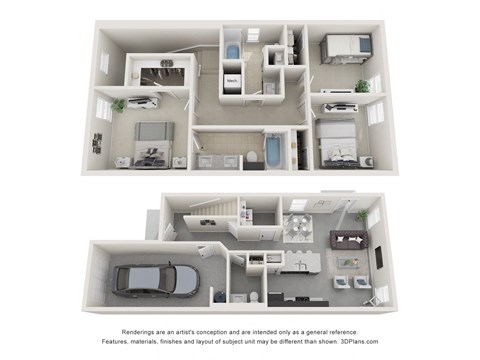 a stylized 3d floor plan of a house with a bedroom and a kitchen